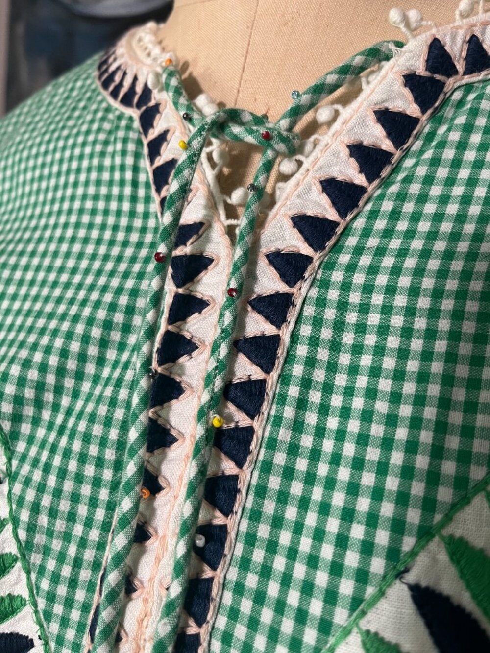 FARM Rio Embroidered Palm Tree Gingham Green White Maxi Dress - Picture 3 of 12